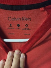 Calvin Klein Men’s Red/Black Colorblock Logo Crew Neck Tee Recycled Poly S