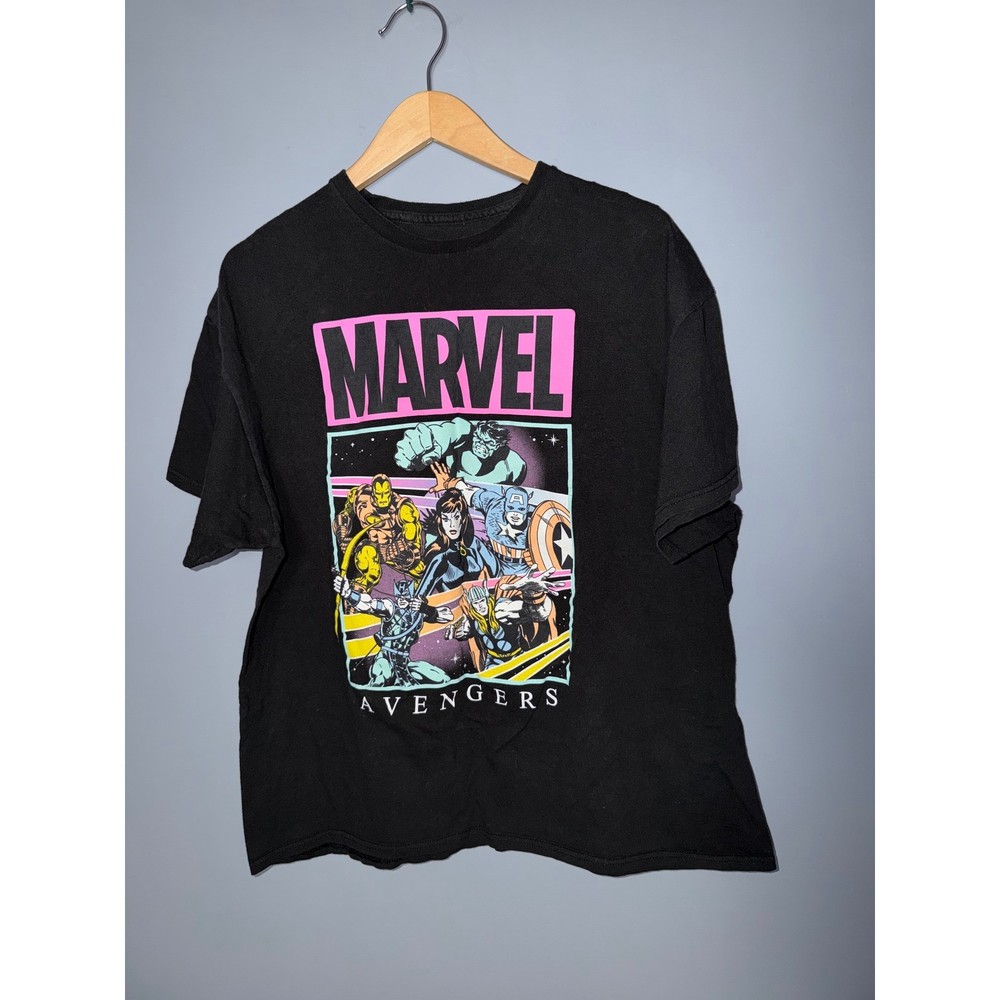 Marvel Avengers Graphic T-Shirt Mens XL Black Neon Retro Comic Book Tee