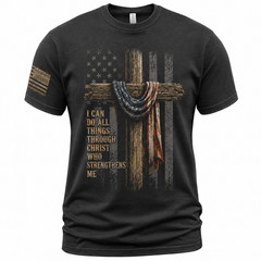 Patriotic Christian Cross T-Shirt American Flag Faith Scripture Graphic Tee