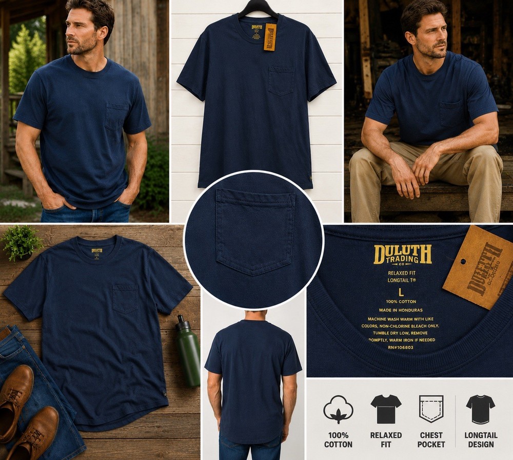 NWT Duluth Trading Co Longtail T Shirt Large Navy Blue Relaxed Fit Pocket Tee