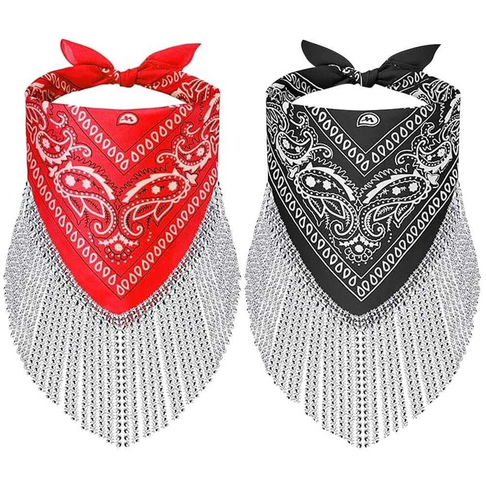 2 Pcs Disco Fringed Bandana Cowgirl Rhinestone Fringe Paisley Scarf Wedding B…