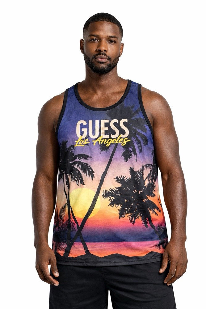 Guess Men’s Tank Top 2xl Palm Tree Sunset Graphic Los Angeles Sleveless.