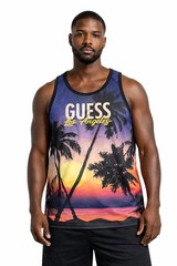 Guess Men’s Tank Top 2xl Palm Tree Sunset Graphic Los Angeles Sleveless.