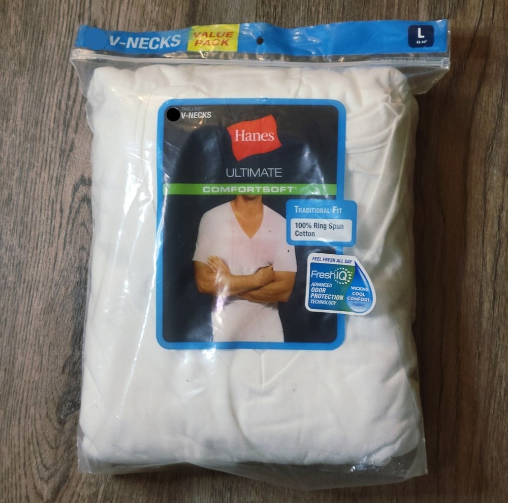 Hanes ComfortSoft Shirts Mens Large 42″-44″ White V-Neck FreshIQ Tagless 5 Pack