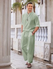 COOFANDY Men’s 2 Pieces Cotton Linen Set Long Sleeve Henley Shirts Casual Beach