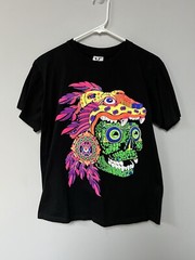 AZTEC SKULL T SHIRT ART TEE Front Back Hits Unique LARGE Neon Black Vision See