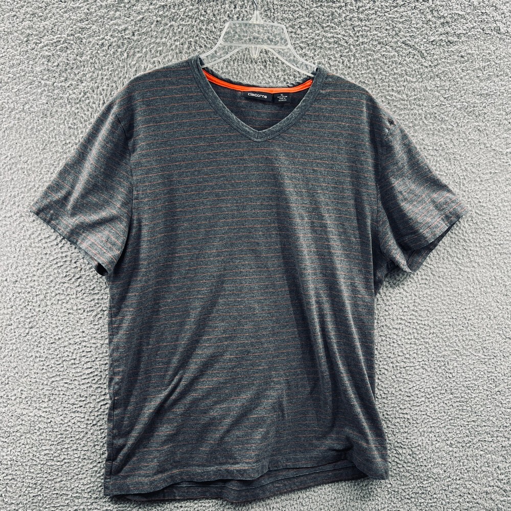 Claiborne Mens Shirt Extra Large Gray Striped 100% Cotton Pullover Short Sleeve