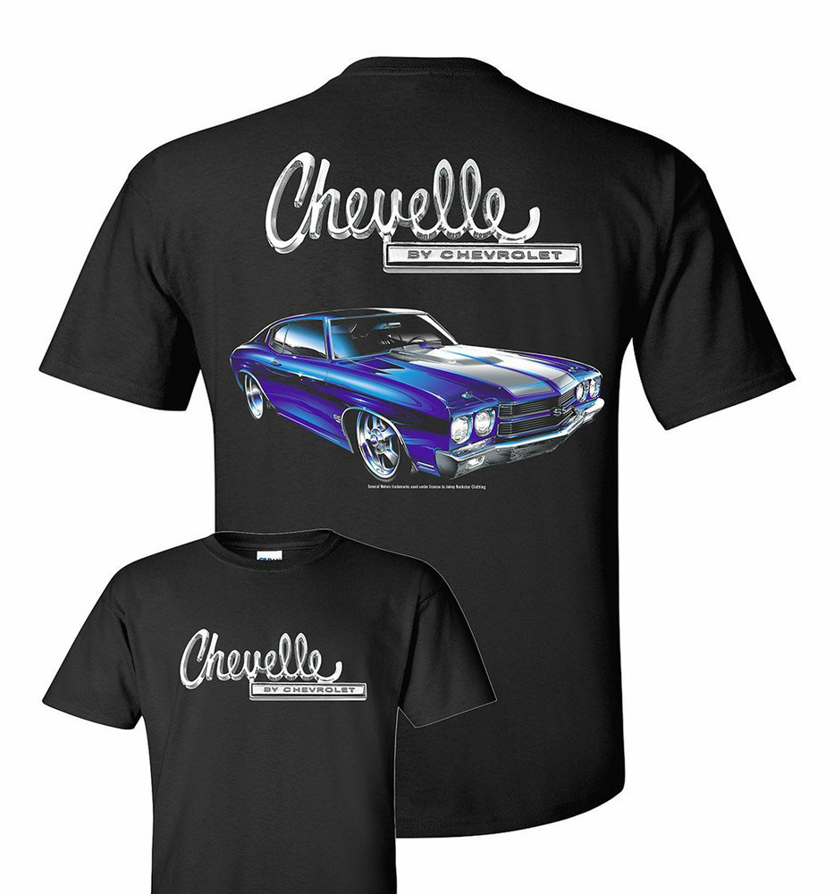Chevrolet Chevelle T-Shirt – Black w/ Blue 1970 Car & Silver Script (Licensed)