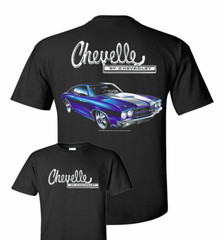 Chevrolet Chevelle T-Shirt – Black w/ Blue 1970 Car & Silver Script (Licensed)