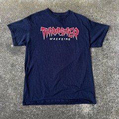 Y2K Thrasher Magazine JAGGED LOGO Skateboard T-Shirt NAVY BLUE & Red