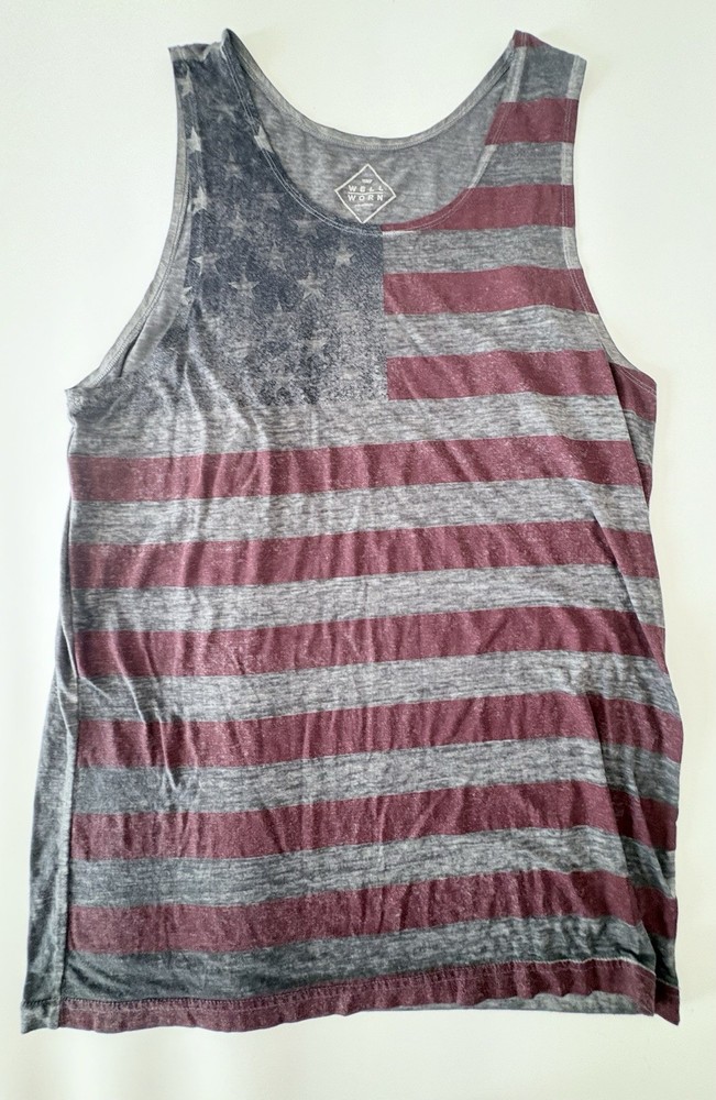 WELL WORN RED WHITE BLUE DISTRESSED AMERICAN FLAG PATRIOTIC TANK TOP MENS Medium