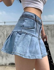 Women’s Pleated Jean Skirt Casual A-Line Ruffle Y2K Mini Denim Skirt LightBlue-L