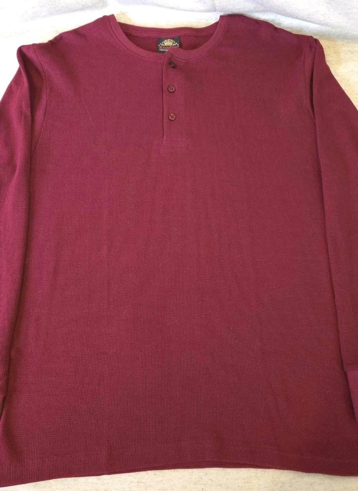 NWT Knocker Activeware Mens Lg Waffle Knit Thermal Henley LS Burgandy Shirt 100%