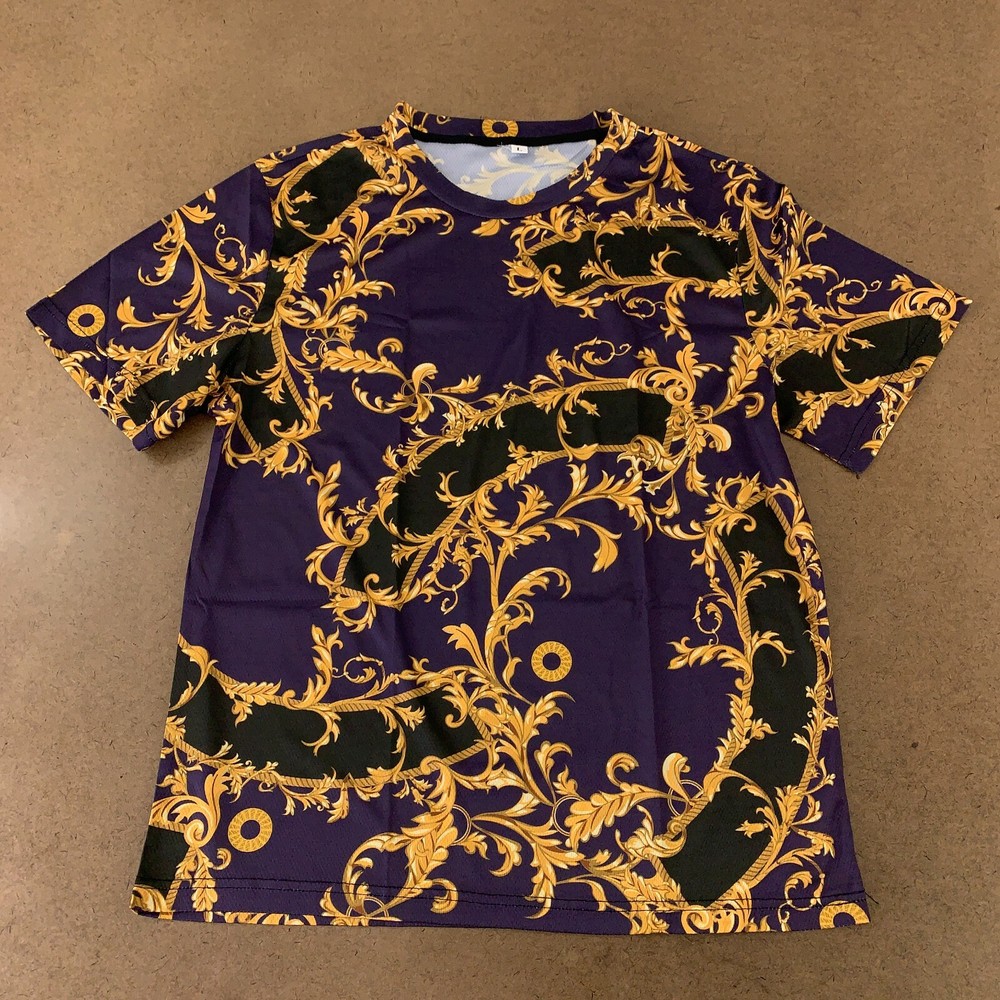 Men’s Size Large Plum Gold Printed Lightweight Short Sleeve Crew Neck Tee New