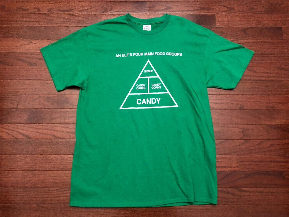 NEW CHRISTMAS T SHIRT MENS LARGE GREEN ELF’S FOUR MAIN FOOD GROUPS CANDY SYRUP