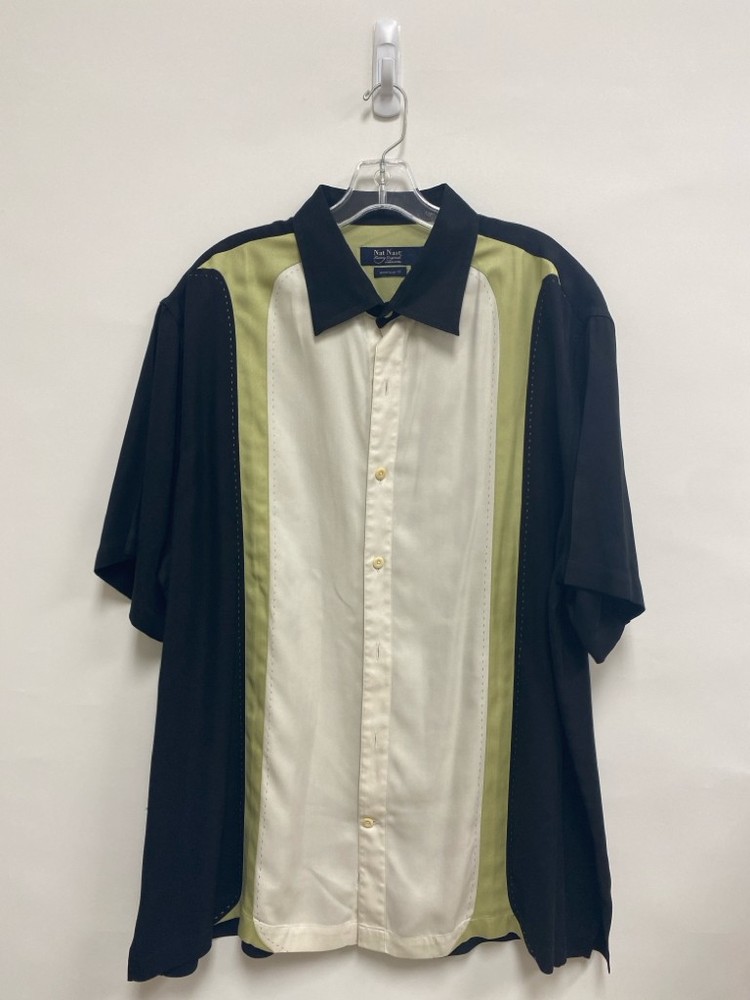 Nat Nast Size XL Black Green/White Button Up Silk Men’s Short Sleeve Shirt
