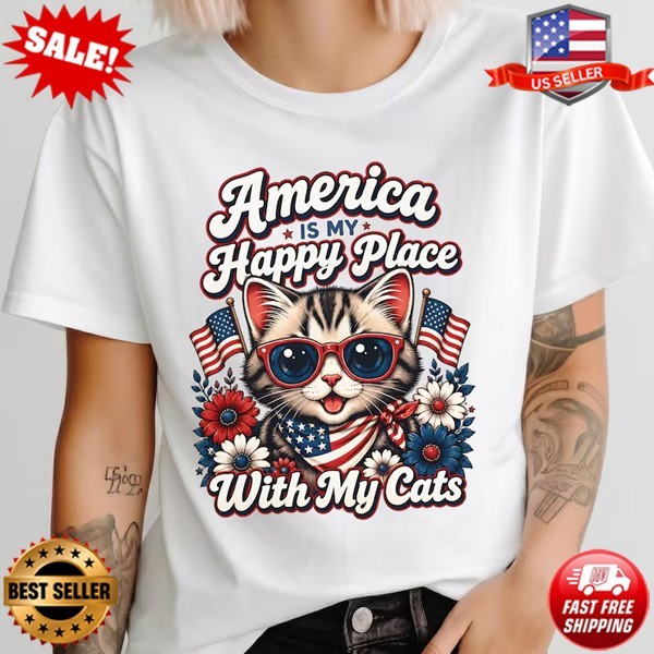 America Is My Happy Place With My Cats Shirt Patriotic Cat Graphic T-Shirt S-3XL