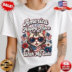 America Is My Happy Place With My Cats Shirt Patriotic Cat Graphic T-Shirt S-3XL
