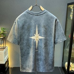 Mens Graphic Embroidered T-Shirt Retro Acid Wash Vintage Streetwear Crewneck Tee