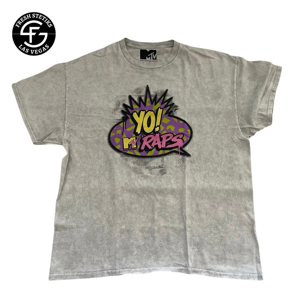 YO MTV Raps Shirt Retro Neon Graphics Hip Hop Music Television Gray Men Large