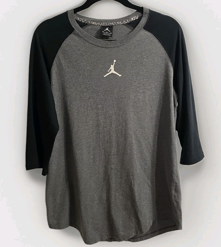 Nike Air Jordan 3/4 Raglan Sleeve Shirt Black Gray Jumpman Classic Sz M Sport EC