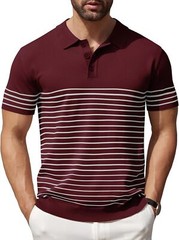 Men’s Striped Knit Polo Shirt Lightweight Short Sleeve Casual Collared Golf Tee