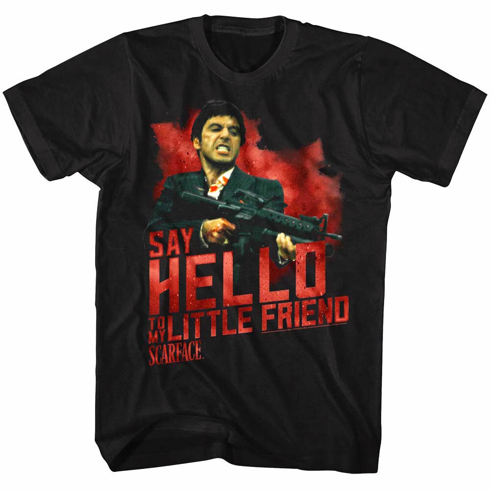 Scarface Say Hello To My Little Friend Men’s T Shirt Blood Splatter Tony Montana