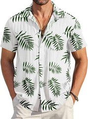 Men Casual Button Down Short Sleeve Textured Summer Beach Shirt with Pocket