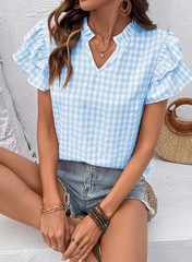 Womens Summer Tops V Neck Short Sleeve Tops Lightweight Plaid Ladies Tops and…