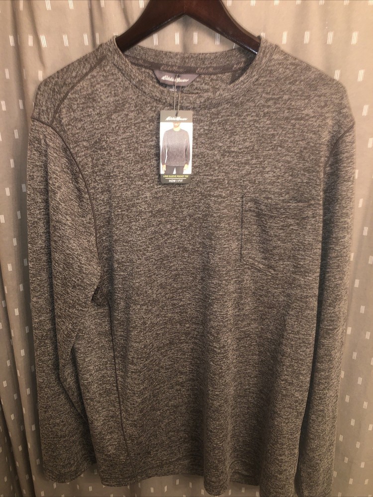 Eddie Bauer Long Sleeve Pocket Tee Textured Heather Gray Fabric Size Large NWT
