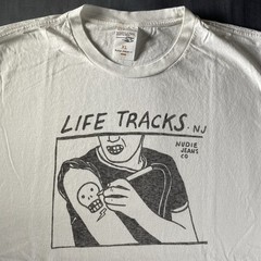 Nudie Jeans Shirt Mens XL white T-Shirt Life Tracks Tattoo Music Graphic Punk