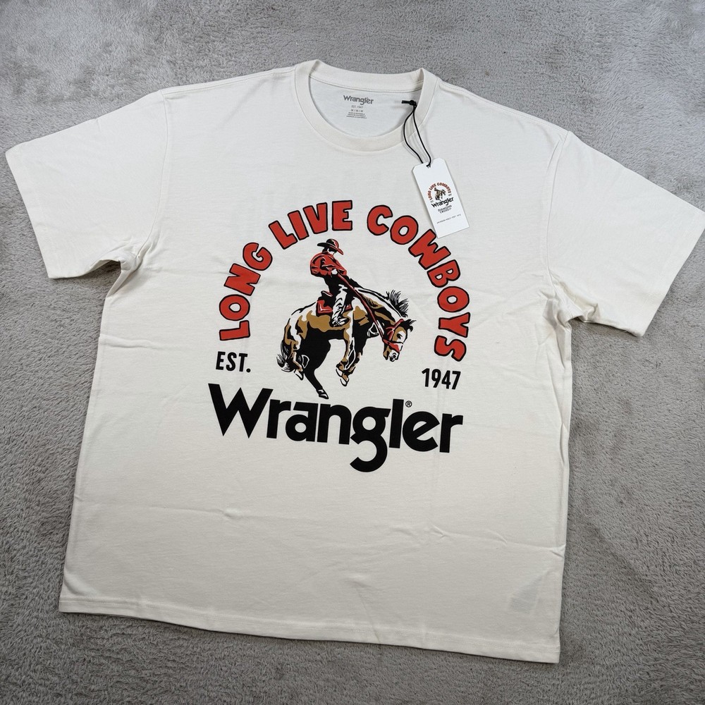 Wrangler Diamond Cross T-Shirt Mens Medium White Giddy Up Horse Cowboy Tee
