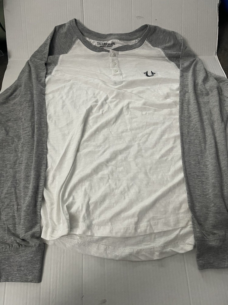True Religion Men’s White/Gray Colorblock Raglan Henley Knit T-Shirt XL