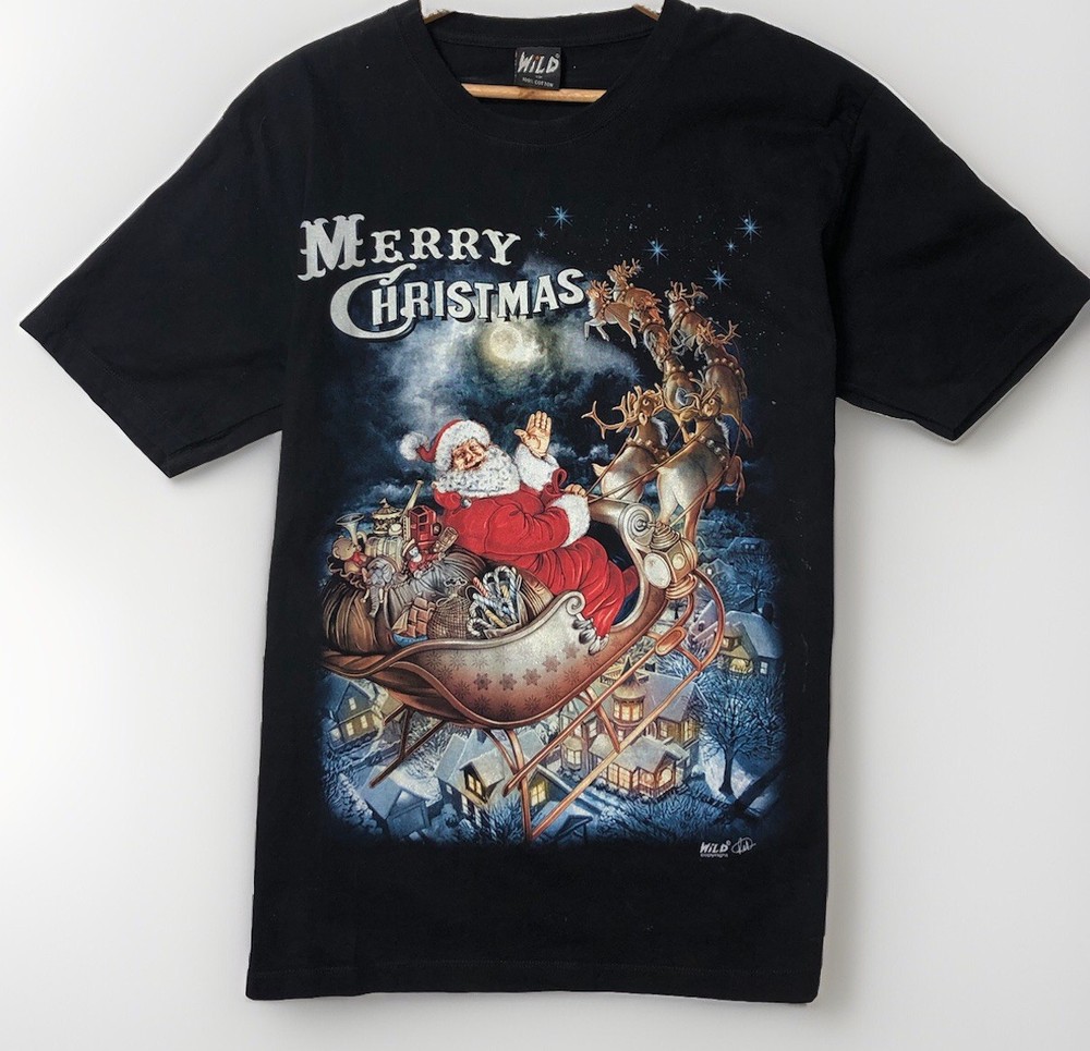 Black Vintage-Style WILD Santa Sleigh ‘MERRY CHRISTMAS’ T-Shirt XXL
