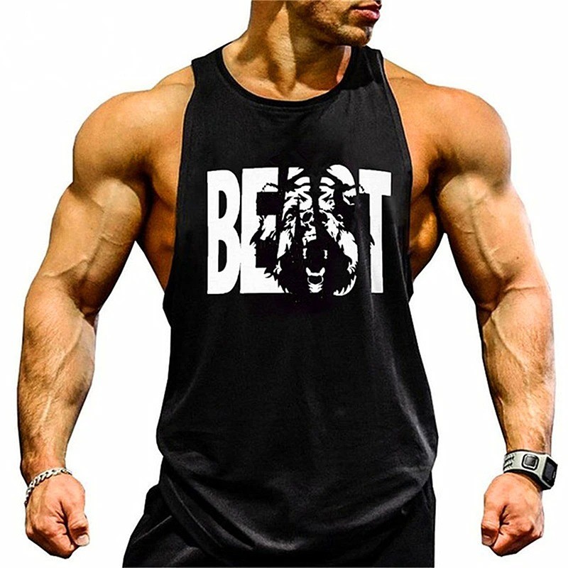 Men’s BEAST Print Stringer Tank Top Gym Fitness Workout Sleeveless Vest