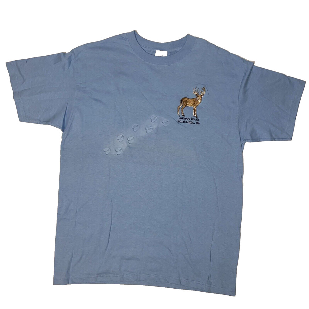 Outdoor World Sturbridge Resort Massachusetts Deer Buck Baby Blue Tshirt – L