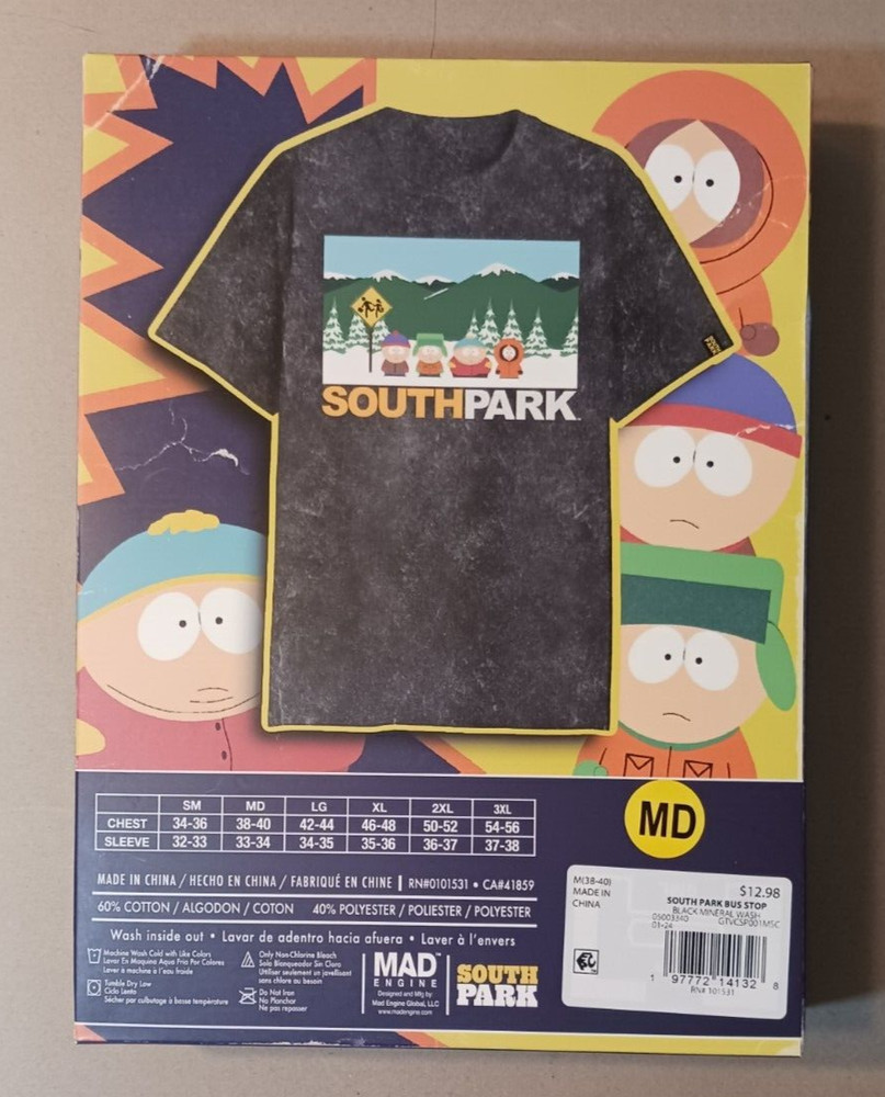 South Park Bus Stop Mad Engine Mineral Wash Black T Shirt Medium