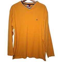 Vintage 1990s Tommy Jeans Shirt Men L Ribbed Knit Gold Long Sleeve V Neck