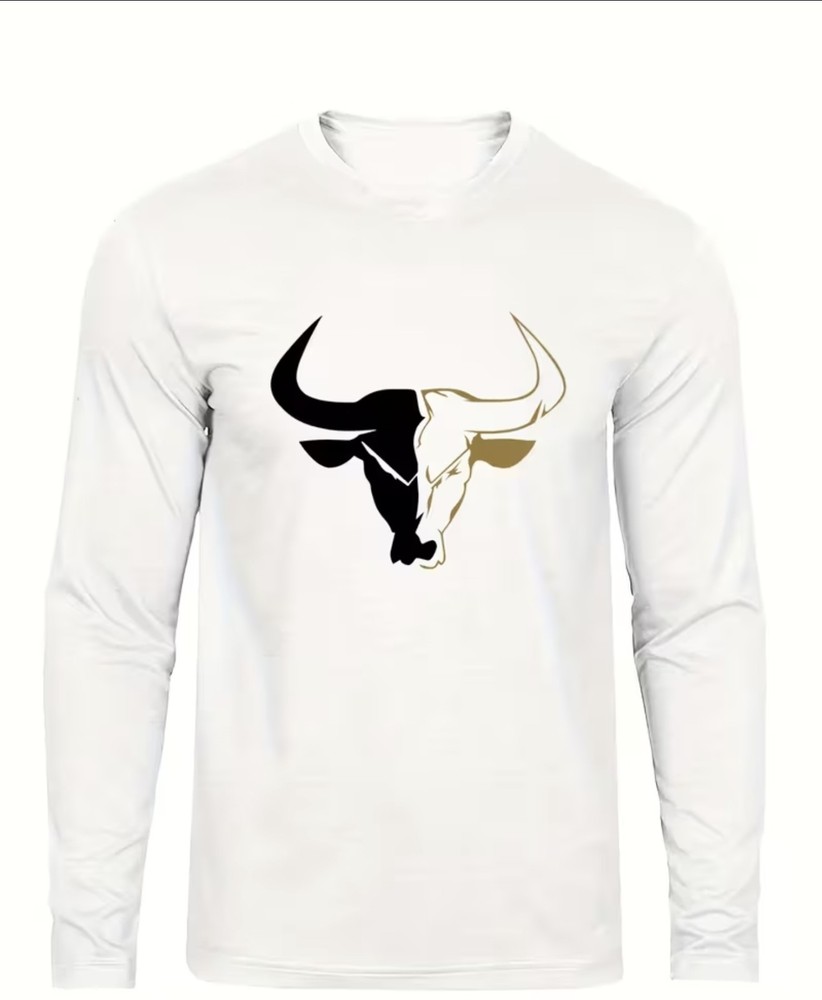 White Long Sleeve Men’s Knit T-Shirt Crew Neck Bull Graphic Polyester Elastane