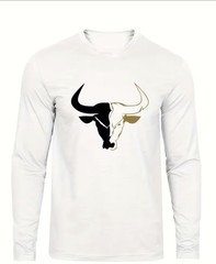 White Long Sleeve Men’s Knit T-Shirt Crew Neck Bull Graphic Polyester Elastane