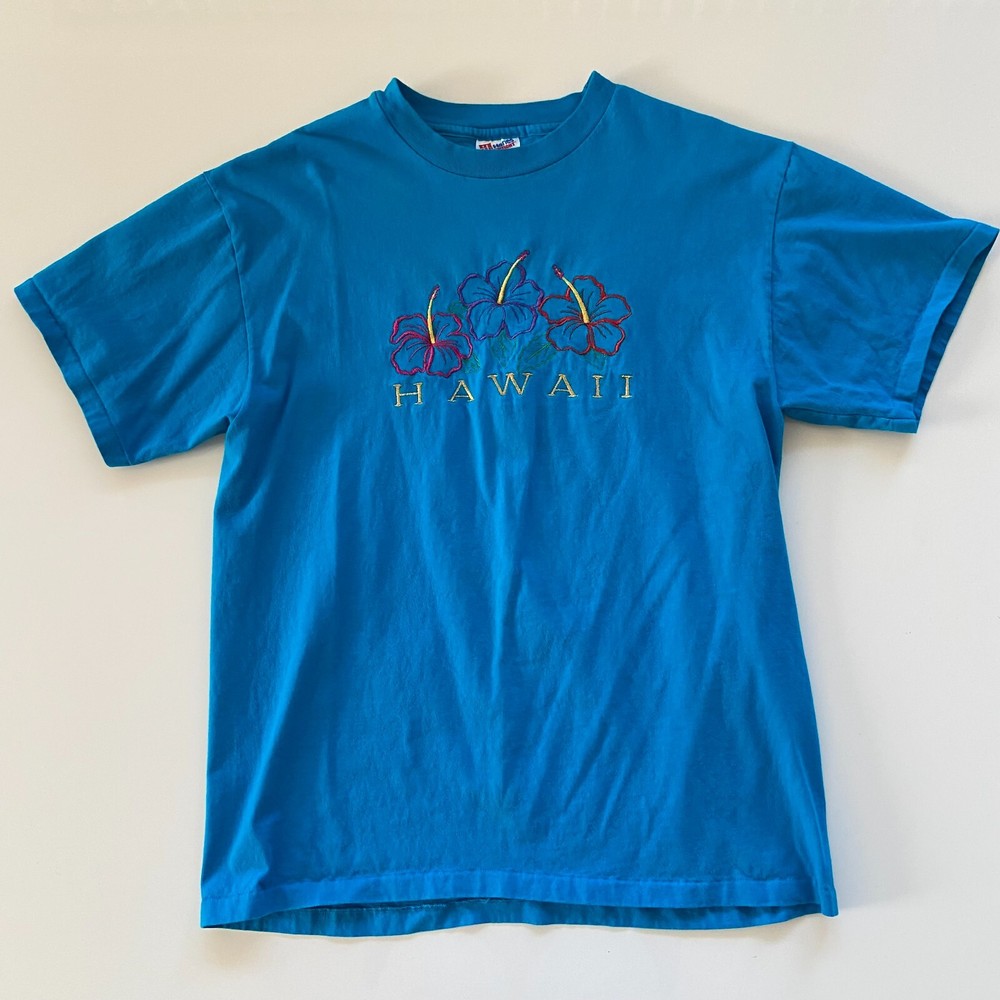 Vintage 90s Hawaii T-Shirt Mens Large Blue Colorful Floral Aloha Single Stitch