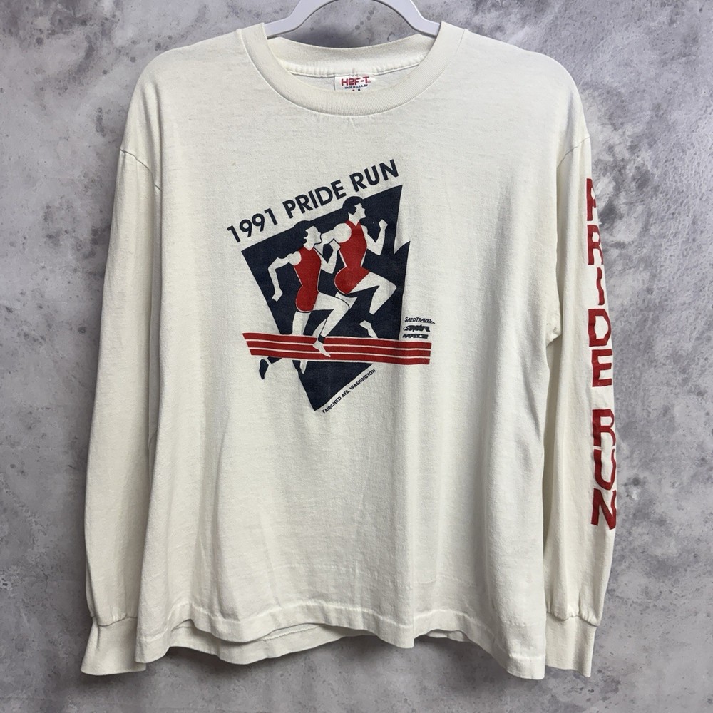 Vintage 90s Pride Run T Shirt Mens XL (Fits smaller) White Long Sleeve 1991
