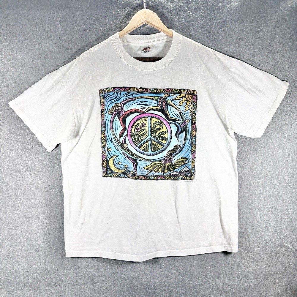 Vintage Human-i-Tees T Shirt World Peace Single Stitch XL White 90s Y2K Original