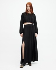 All Saints Womens Maxi Skirt Black Casandra Draped Lightweight High Rise Viscose