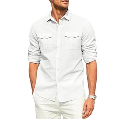 Men’s Cotton Linen Double Pocket Shirt Breathable Casual Smart Fit Holiday Gift