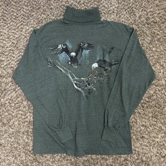 Vintage 90s Mens Hand Painted Eagle Green Turtleneck Long Sleeve Shirt Size L