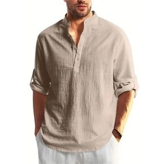 Autumn Men Cotton Linen Henley T-Shirt Lightweight Breathable Casual Top Gift