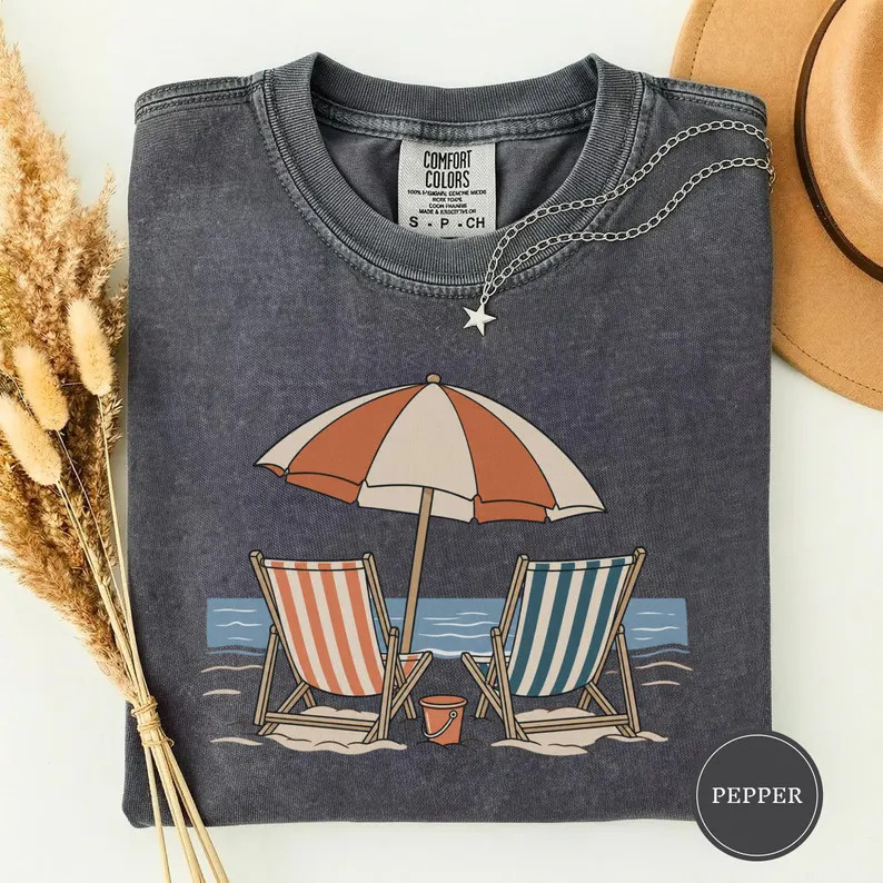 Retro Striped Beach Chairs Ocean Comfort Tee Summer Coastal