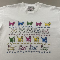 Vintage Dogs Cats T-Shirt Mens Medium White Pastel Animals Pets Paw Cartoon 90s