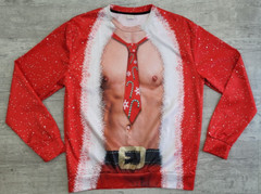 Sexy Muscular Christmas Long Sleeve Shirt – Abs Candy Cane Neck Tie – Size L *B4